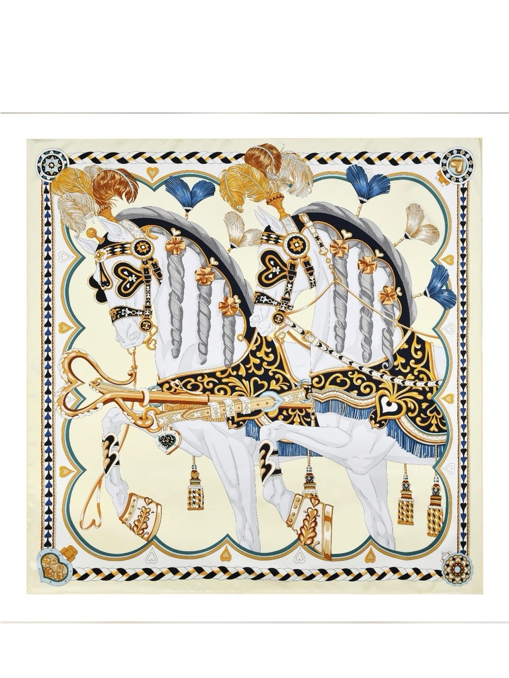 Equestrian-Print Mulberry Silk Scarf in Cream, Gold & Blue 038